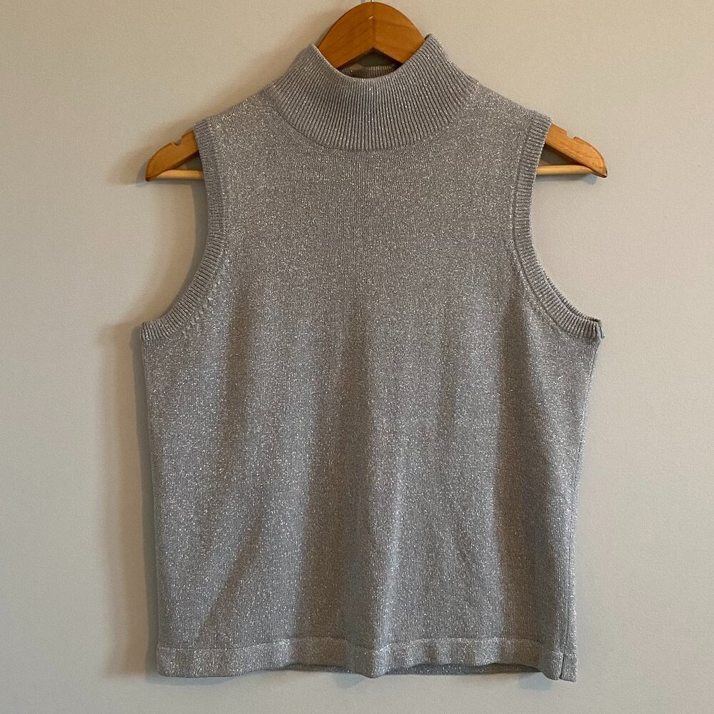 Vintage 90s Sparkling Knit Sleeveless Turtleneck Sweater Grey Metallic Glitter